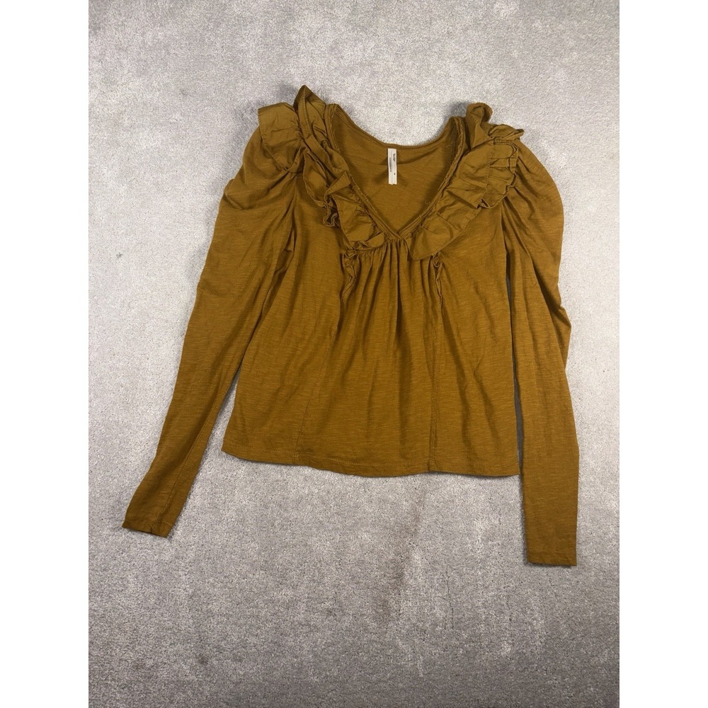 Anthropologie Ruffle Neck Peasant Tee Mustard Xs Long Sleeve Oversized